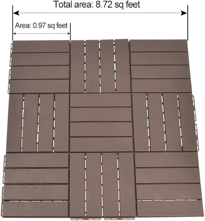 domi Outdoor Living Patio Deck Tiles, 12 x 12 inches Composite Interlocking Decking Tile, Four Slat Plastic Outdoor Flooring, 9 Pieces One Pack, Dark Brown