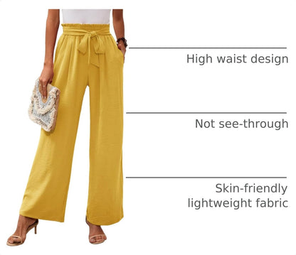 Heymoments Women's Wide Leg Lounge Pants with Pockets Lightweight High Waisted Adjustable Tie Knot Loose Trousers