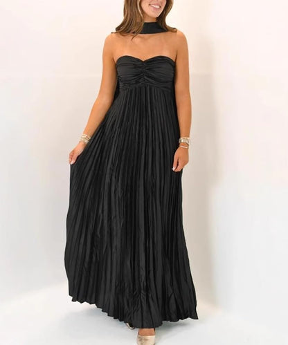 Women Bridesmaid Dress with Scarf Strapless Pleated Satin Flowy Formal Evening Gown Maxi Dresses .