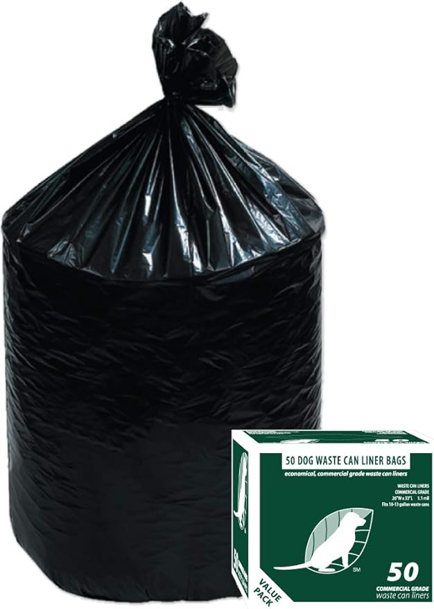 Commercial Grade Dog Waste Station Can Liners -1 Roll of 50 bags - Standard Size 26" W x 33" L (10-13 gallons) - Heavy Duty, Thicker than competitors bags (1.1 mil) (50 Liners, Black)