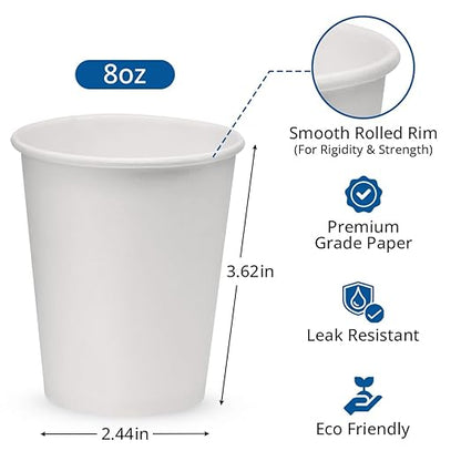 NYHI 300 Pack 8 oz White Paper Disposable Coffee Cups Hot Cold Beverage Drinking Cup for Water Juice Espresso Tea Ideal for Water Coolers Party