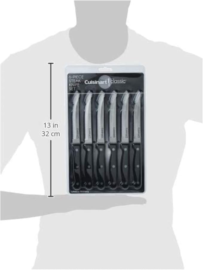 Cuisinart Knife Set, 6pc Steak Knife Set with Steel Blades for Precise Cutting, Lightweight, Stainless Steel  Durable, C77TR-6PSK, Black