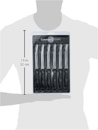 Cuisinart Knife Set, 6pc Steak Knife Set with Steel Blades for Precise Cutting, Lightweight, Stainless Steel  Durable, C77TR-6PSK, Black