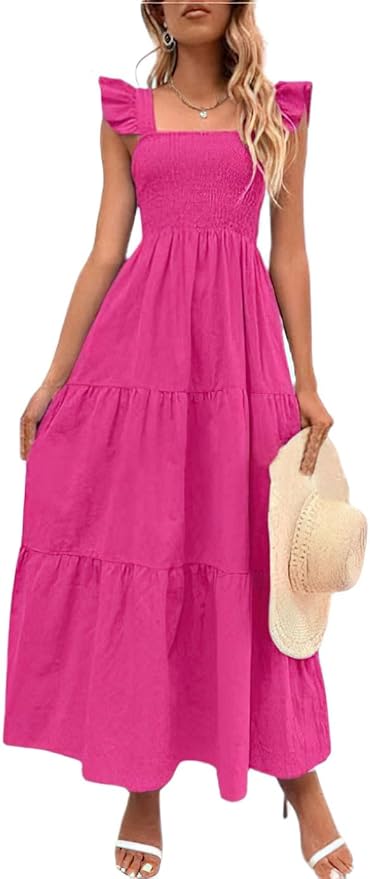 chouyatou Women's Summer Boho Flutter Sleeve Smocked Tiered Dress Flare Beach Maxi Long Ruffle Dress