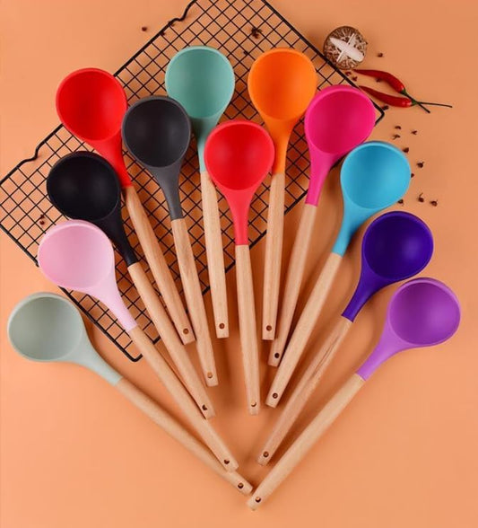 Silicone Soup Ladle - with Wooden Handle, Non-Stick Cookware Heat Resistant Kitchen Utensil (Dark green)