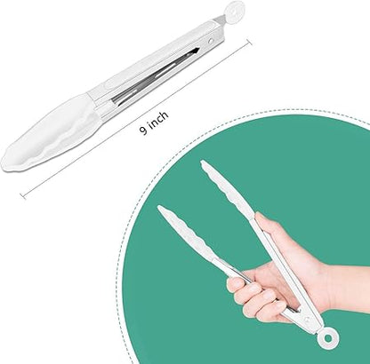 9 Inch Kitchen Tongs, Cooking Tongs with Silicone Tips and Stainless Steel Handle, Non Stick Heat Resistant Tongs for Cooking, Buffet, Salad Serving (9", White)