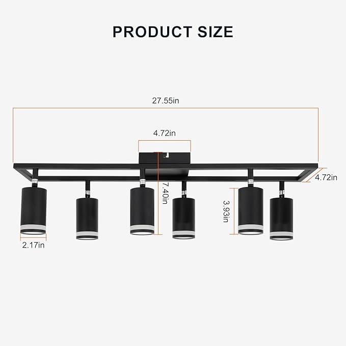 6-Light Track Lighting Fixtures Ceiling, GU10 Black Led Ceiling Spotlight, Modern Track Light Kit for Kitchen Hallway Living Room