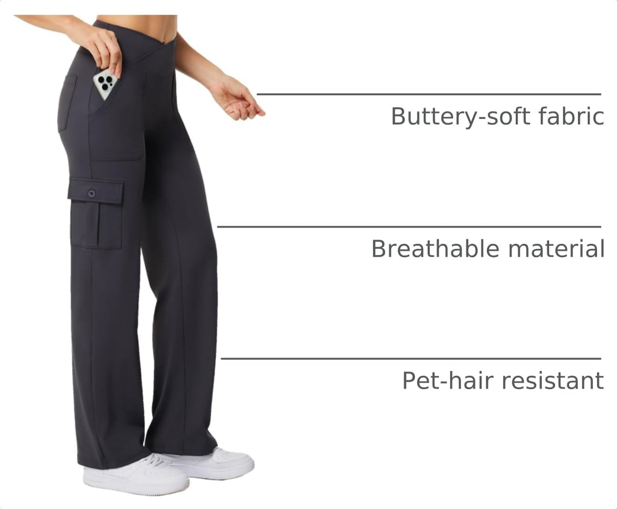 Casei Women's Wide Leg Yoga Pants with 6 Pockets Stretchy Cargo Work Dress Pants High Waisted Travel Scrub Trousers