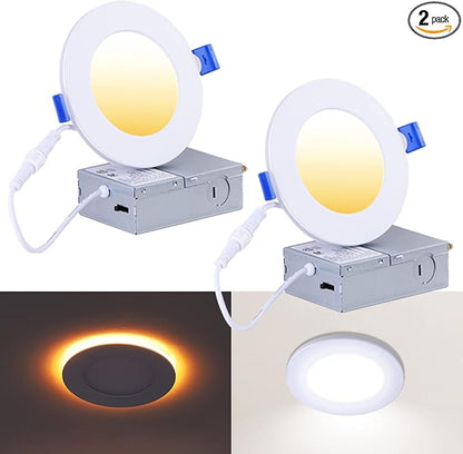 4 Inch LED Recessed Lights with Night Light - Canless Ultra Thin Wafer Downlight Pot Outdoor Exterior Soffit Lighting, Dimmable & 5 CCTSelectable, 9W, ETL & Energy Star, 2 Pack