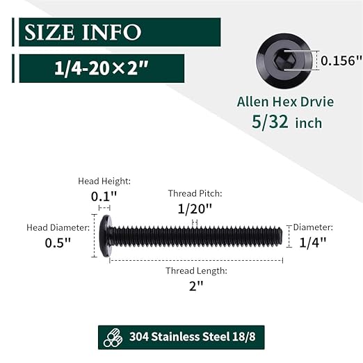 14-20 x 2 Black Hex Socket Head Cap Screws, 304 Stainless Steel 18-8, Furniture Bolts, Connector Screws, Black Coated, Full Thread, 25 PCS
