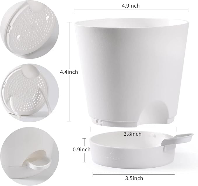 Plant Pots 6 PCS 5 inch Self Watering Planters High Drainage Flowers Pot for Indoor Outdoor Plants with Reservoir Tray and Watering Lip Gardening Planter Garden Flower Pots, White