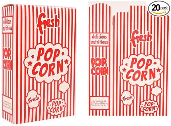 20pcs Popcorn Boxes Paper Popcorn Bags Container Bulk Red White Popcorn Cups Bucket for Popcorn Movie Theater Party Supplies