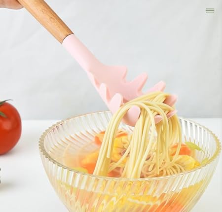 Wooden Handle Pasta Fork Spoon 12.4" Silicone Spaghetti Fork Food Grade Noodle Spoon, BPA Free, Spaghetti Spoons Strainer  Server Spoonss (Pink)