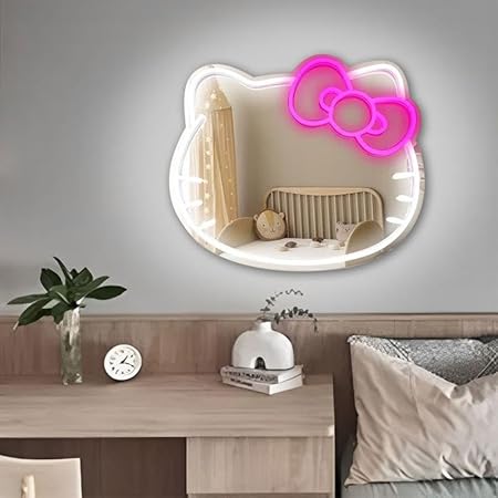 Home Decor Mirrorcat face Shape Mirror,Anime Neon Sign for Dresser, Locker Room,Living Room, Neon Light up Acrylic Mirror with Dimmable