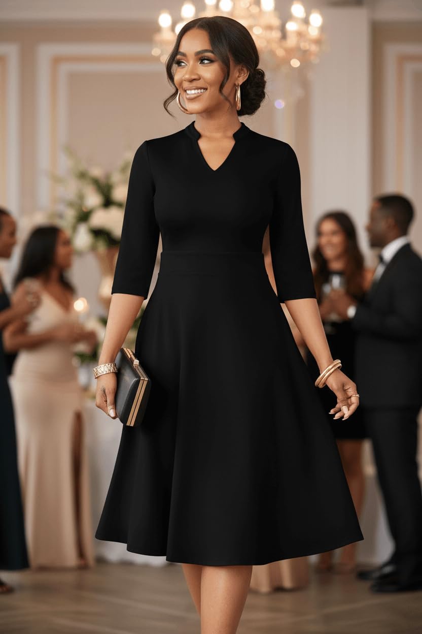 Versatile, stretchy, high-quality dress with flattering, comfortable fit; suitable for work, church, and various occasions.