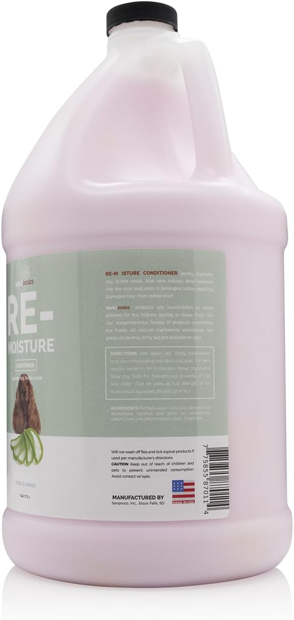 Bark2Basics Re-Moisture Hydrating Dog Conditioner, Dry Itchy Skin, 1 Gallon 16:1 Concentrate, Aloe Vera Soothes Sensitive Skin, Moisturizing Pet Detangler, Aids Deshedding, Groomer Grade, USA Made