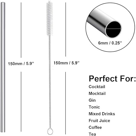 Cocktail Straws Short Small Mini Straw Reusable Metal Stainless Steel Bar Drinking Straws Set with Cleaner Brush for Cocktails Rock Gin Glass Coffee Mason Jar Tumblers Fruit Juice, Silver 8 Pcs