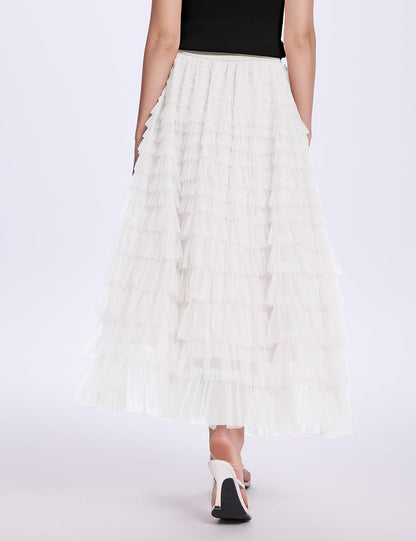 PEHMEA Tulle Maxi Skirts for Women, High Waist A-Line Flowy Elegant Party Wedding Guest Casual Skirt