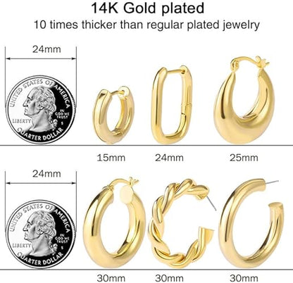 6 Pairs Chunky Gold Hoop Earrings Set for Women 14K Gold Plated Hypoallergenic Thick Open Huggie Hoop Set Jewelry for Christmas Gifts