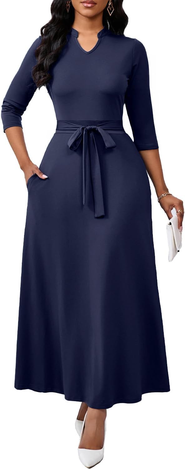 BubFee Maxi Dresses for Women Semi Formal Long Dress 3/4 Sleeve Casual A-line Church Dresses with Pockets