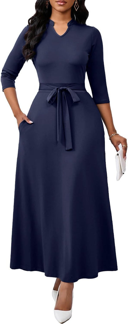 BubFee Maxi Dresses for Women Semi Formal Long Dress 3/4 Sleeve Casual A-line Church Dresses with Pockets