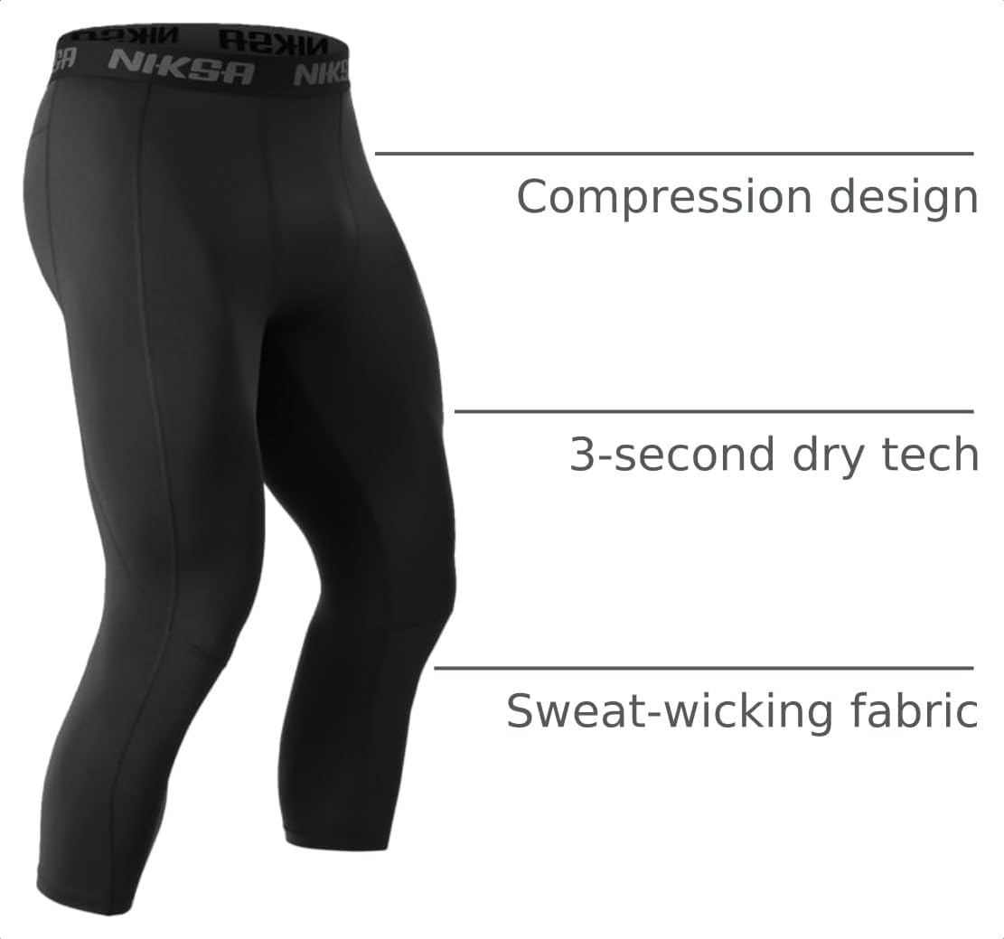 Large, Niksa 3/4 Men's Compression Pants - Athletic Running Capri Tights Quick Dry Basketball Sports Leggings Gym Workout Base Layer.