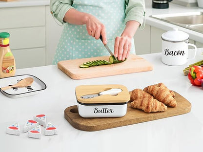 LANDNEOO Butter Dish with Lid and Butter Curler Knife - Unbreakable Stainless Steel Keeper Container with Double Silicone Sealing, for Kitchen Farmhouse Decor