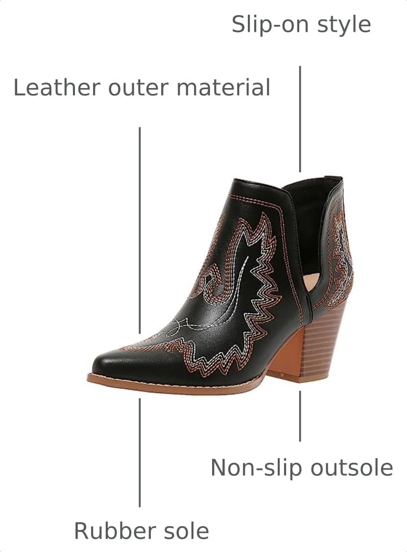 SelRoys Cowboy Boots for Women Cowgirl Ankle Western Embroidered Stitched Pointed Toe Cutout Chunky Heels Short Booties Red Brown Black US5-11