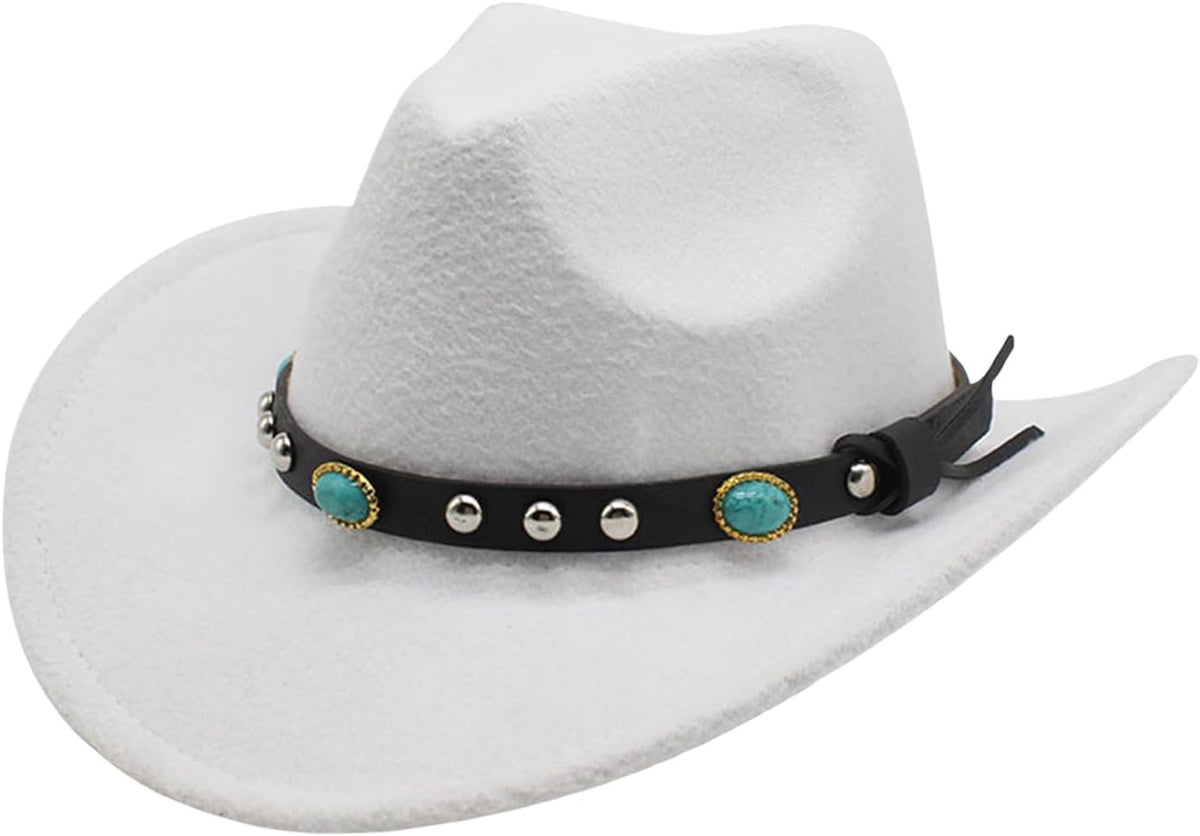 Cowgirl Cowboy Hat Women Men Vintage Wide Brim Fedora Hat, White belt with Turquoise stones