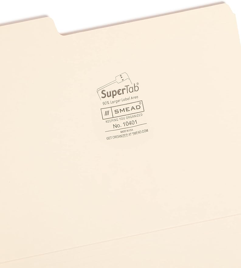Smead SuperTab Heavyweight File Folder, Oversized 1/3-Cut Tab, Letter Size, Manila, 50 Per Box (10334)