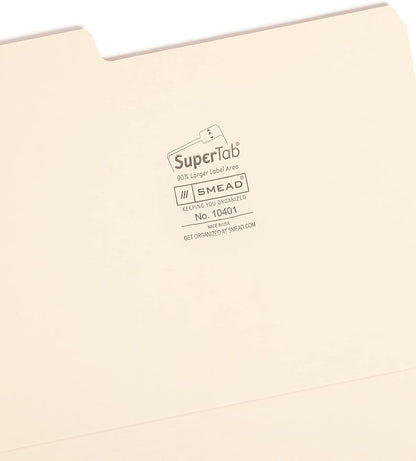 Smead SuperTab Heavyweight File Folder, Oversized 1/3-Cut Tab, Letter Size, Manila, 50 Per Box (10334)