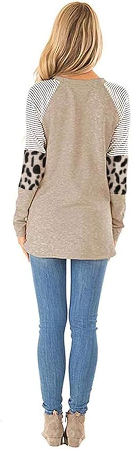 Leopard Print Tops for Women Long Sleeve Crew Neck Patchwork T Shirt Blouse