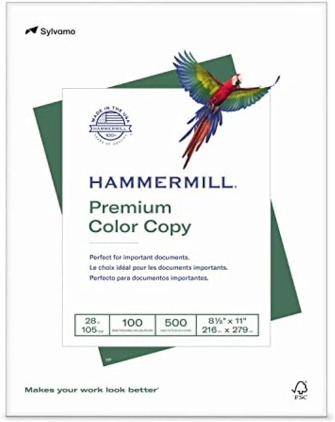 Hammermill Printer Paper, Premium Color 28 lb Copy Paper, 8.5 x 11 - 1 Ream (500 Sheets) - 100 Bright, Made in the USA, 102467R