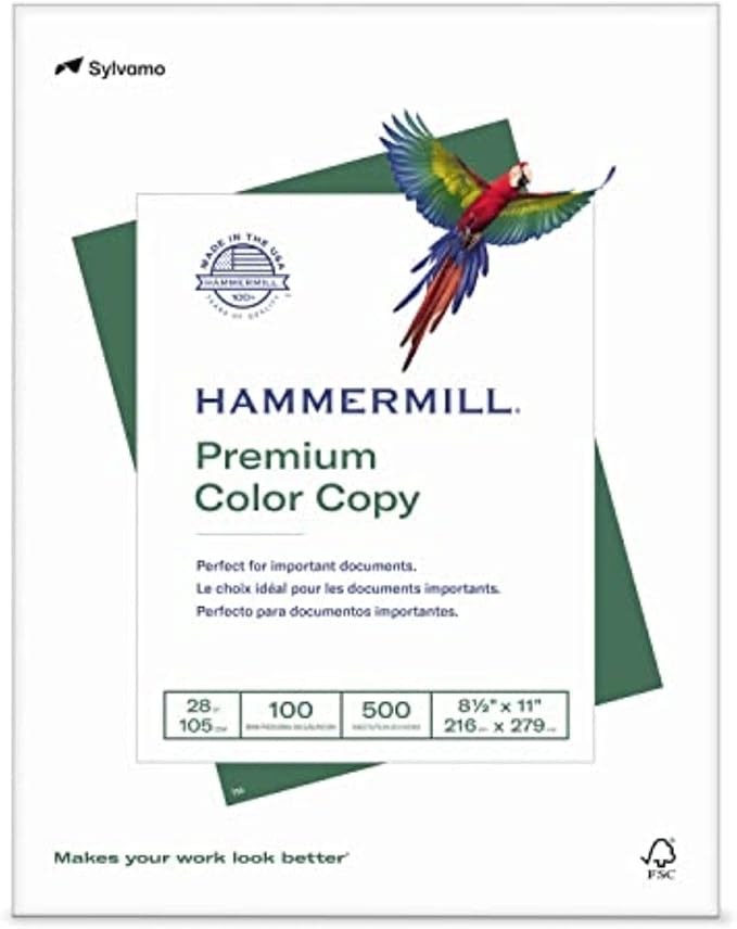 Hammermill Printer Paper, Premium Color 28 lb Copy Paper, 8.5 x 11-1 Ream (500 Sheets) - 100 Bright, Made in the USA, 102467
