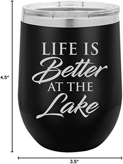 12 oz Double Wall Vacuum Insulated Stainless Steel Stemless Wine Tumbler Glass Coffee Travel Mug With Lid Life Is Better At The Lake (Black)