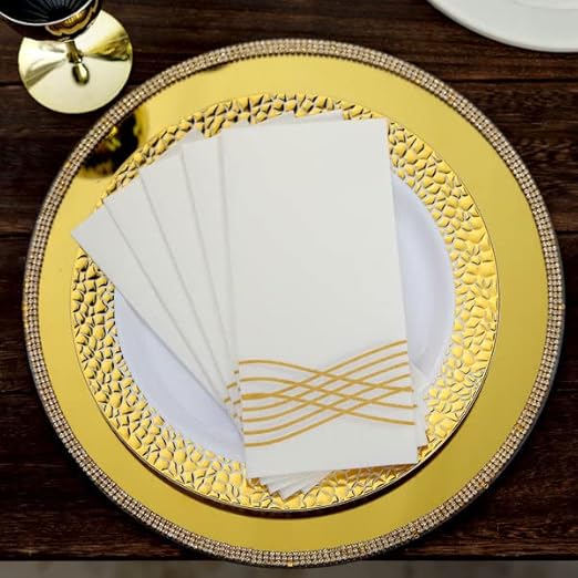 Tableclothsfactory 20 Pack | Gold Foil White Airlaid Soft Linen-Feel Paper Dinner Napkins, Disposable Hand Towels