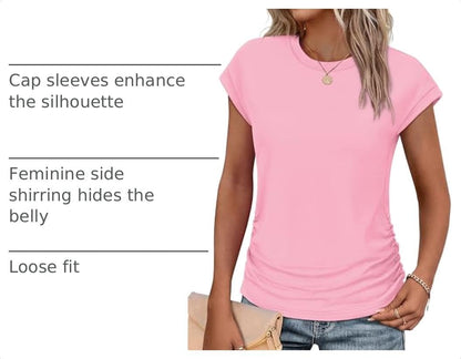 SAMPEEL Womens Summer Tops Trendy 2025 Ruched Cap Short Sleeve Tshirts Shirts Crew Neck T Shirts Fashion