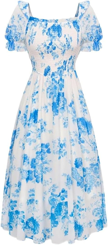 Women Vintage Chiffon Floral Print Dress Short Sleeve Square Collar Midi A-Line Dress Robe