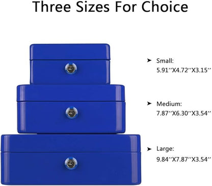 KYODOLED Large Lock Box with Money Tray,Storage Cash Box with Lock,Safe Metal Box for Money,9.84"x 7.87"x 3.54" Blue Large