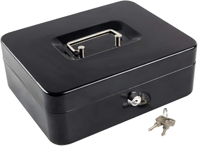 KYODOLED Metal Cash Box with Money Tray and Lock,Money Box with Cash Tray,Cash Drawer,11.81"x 9.45"x 3.54" Black X Large