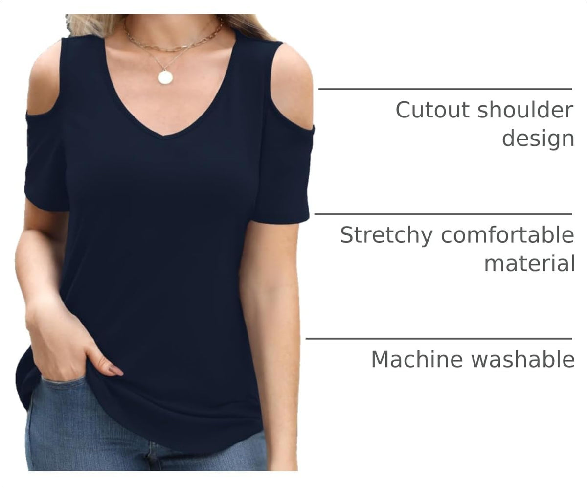 Elesomo Womens V Neck Cold Shoulder Tops Short/Long Sleeve Summer T Shirts Basic Tees