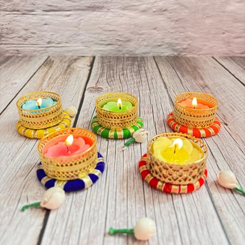 Tealight Candle Holders Round Votives Diya for Home Decoration T-Light Holder for Christmas Indian Festival Decorations Lighting Accessories Wedding Pooja Boho Decor (8 pack)