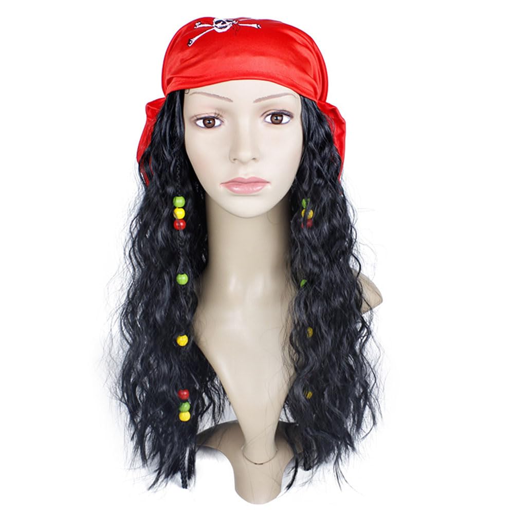 Adult Pirate Wig With Dreadlocks Patch Scarf Bandana Medieval Renaissance Halloween Costume Buccaneer Captain Dress Up Set (Red)