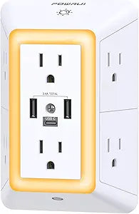 Outlet Extender USB Wall Charger - POWRUI 6 AC Surge Protector Outlets with 3 USB Ports (1 USB C) and Night Light, 3-Sided Multi Plug Wall Outlet Power Strip with Spaced Outlets, ETL Listed, White