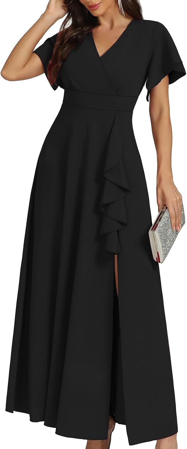 This COOAN dress features a flattering ruffle sleeve, split hem, and elegant V-neckline - perfect for cocktail parties, weddings, and formal events.