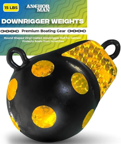 Anchor-Man Downrigger Weights 4 lbs, 6 lbs, 10 lbs and 15 lbs Round shape vinyl-coated downball for salmon, protects boats from scratches Cannon Drop Accessories