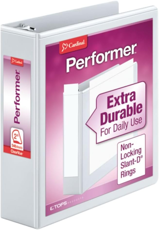 Cardinal Performer 3-Ring Binder, 3", Non-Locking Slant-D Rings, 540-Sheet Capacity, ClearVue Presentation Binder, Nonstick, PVC-Free, White (17500)