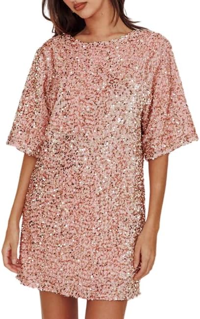 XL, R.Vivimos Women's Sparkly Sequin Party Dress Fall Winter Short Sleeve Crew Neck Velvet Loose Elegant Backless Mini Dress.