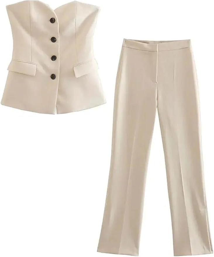 Women Single Breasted Strapless Slim Tank Top High Waist Straight Pants Office Suit
