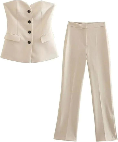 Women Single Breasted Strapless Slim Tank Top High Waist Straight Pants Office Suit